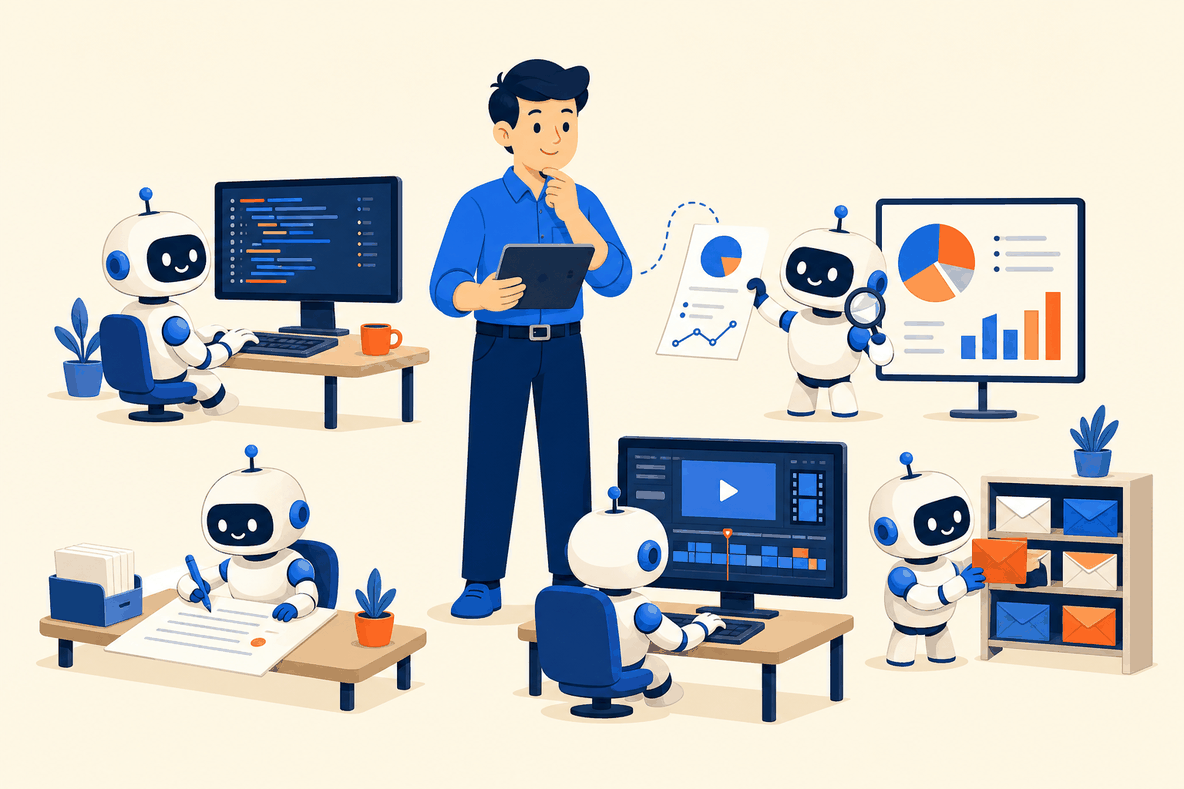 AI 로봇들이 일해도 사람 전문가가 관리하고 코멘트하는 모습
