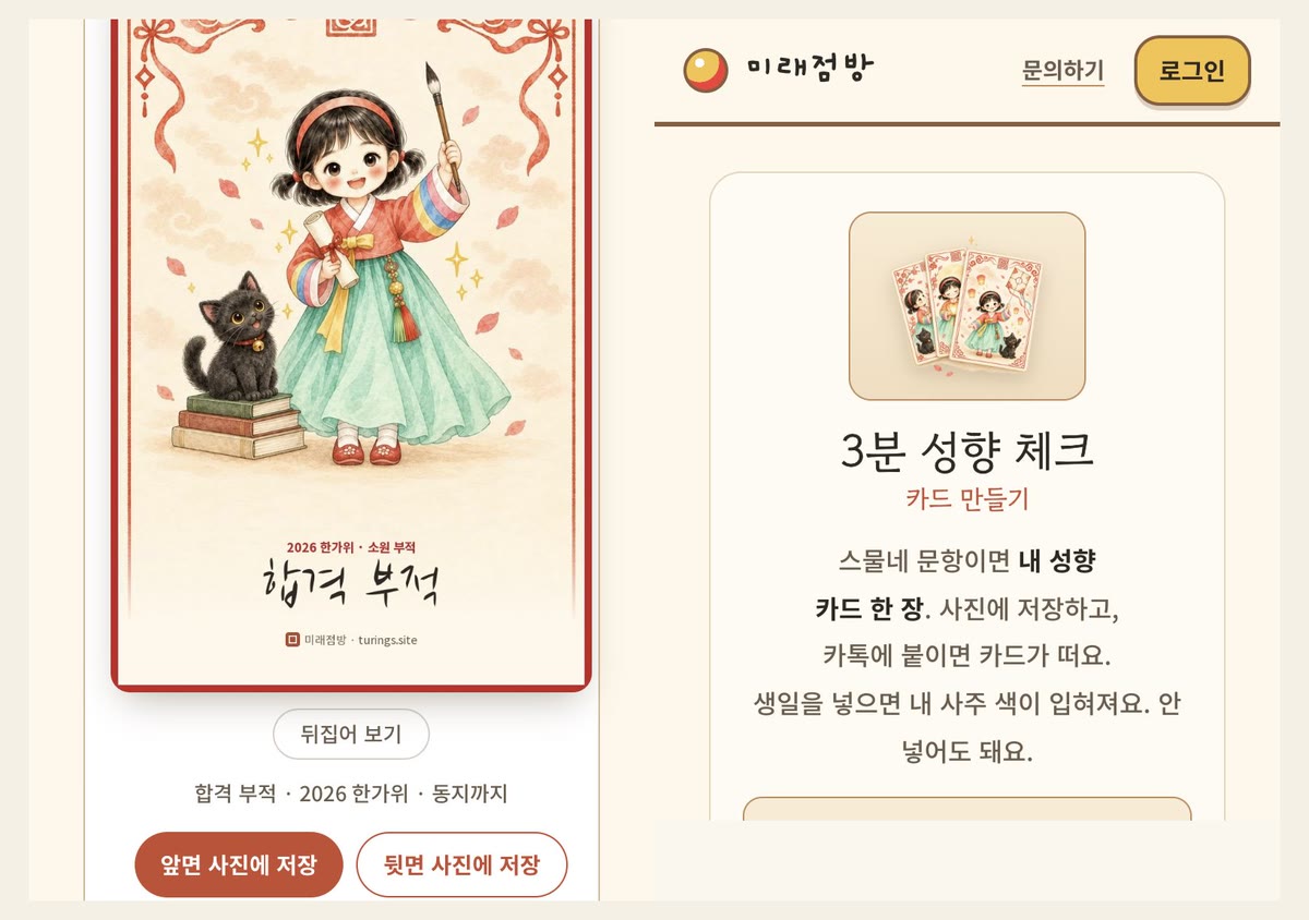 미래점방 한가위 소원 부적과 3분 성향 체크 카드 화면