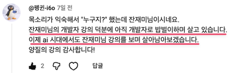 유튜브 댓글: 잔재미님의 개발자 강의 덕분에 아직 개발자로 밥벌이하며 살고 있습니다