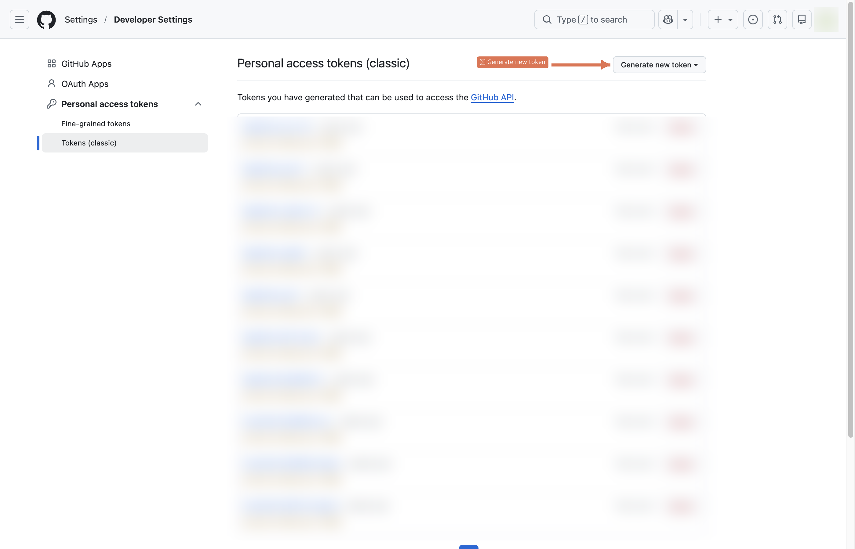 Tokens (classic) 페이지 — Generate new token 버튼